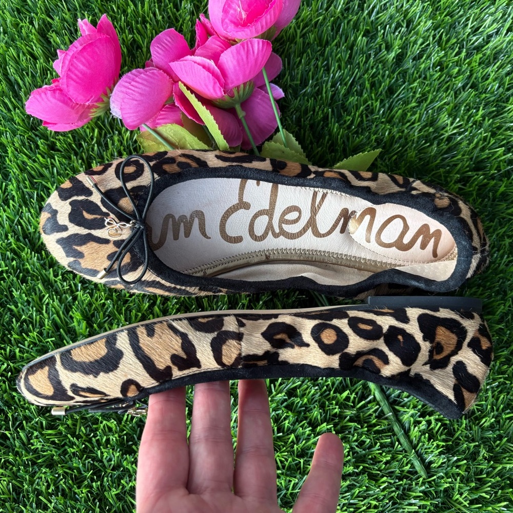 SAM EDELMAN LEOPARD PRINT BALLET FLATS CHARM GATHERED FOLDABLE 7.5